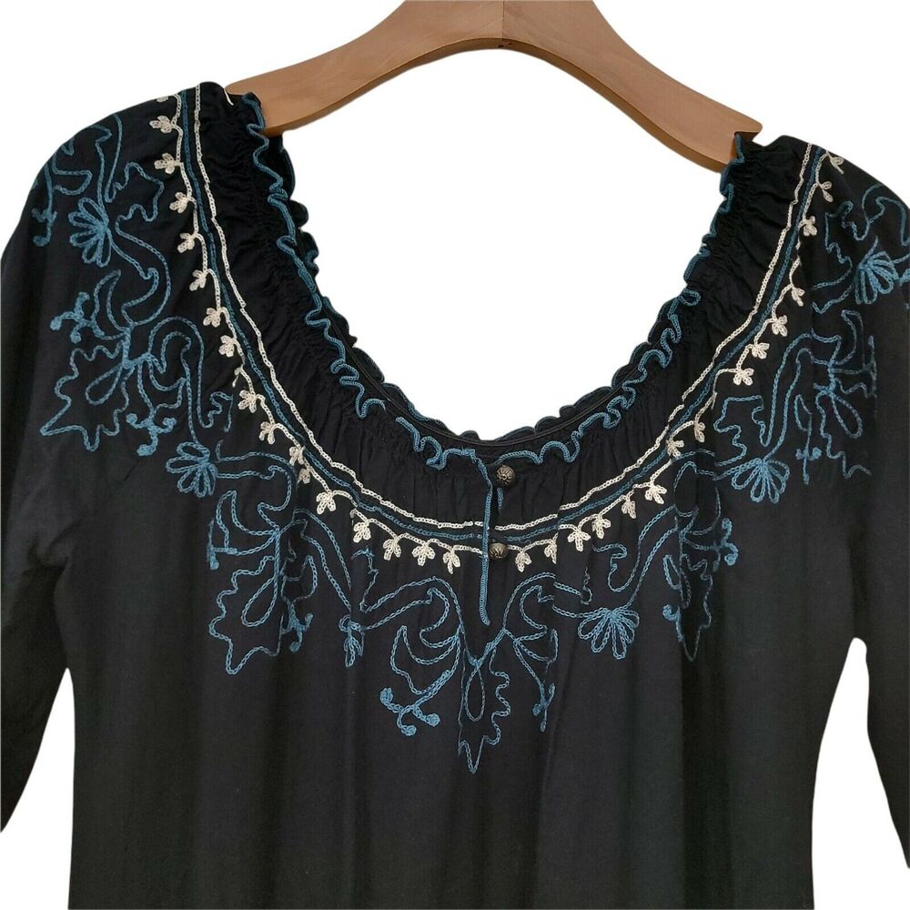Lucky Brand Shift Dress Womens Small Black Embroidery Bohemian Boho 3/4 Sleeve - Picture 3 of 9